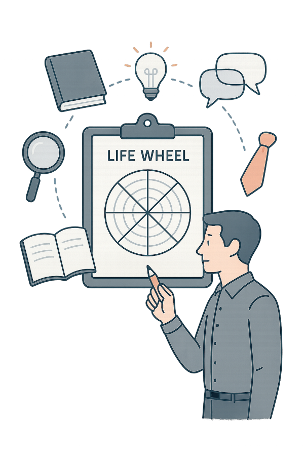Illustration of resources: books, life wheel and more.